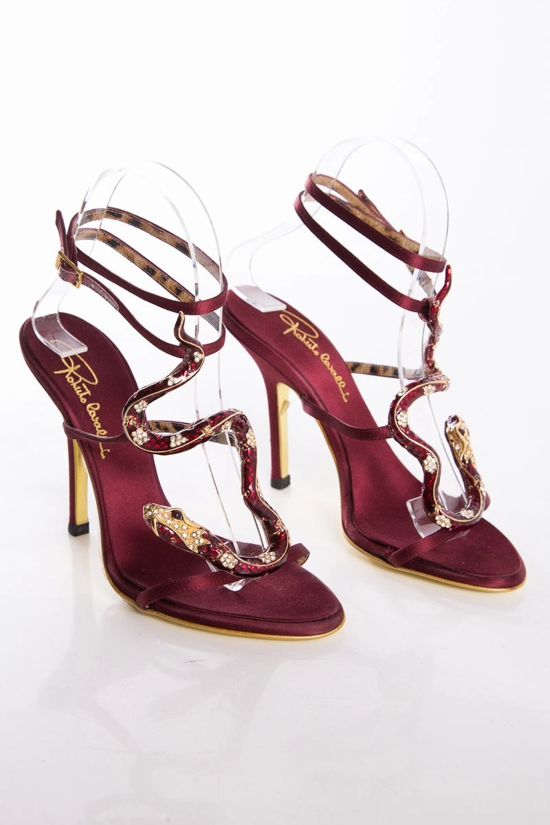 High Heel Mary Jane Shoes Roberto Cavalli Burgundy & Snake Detail Heels SZ 36
