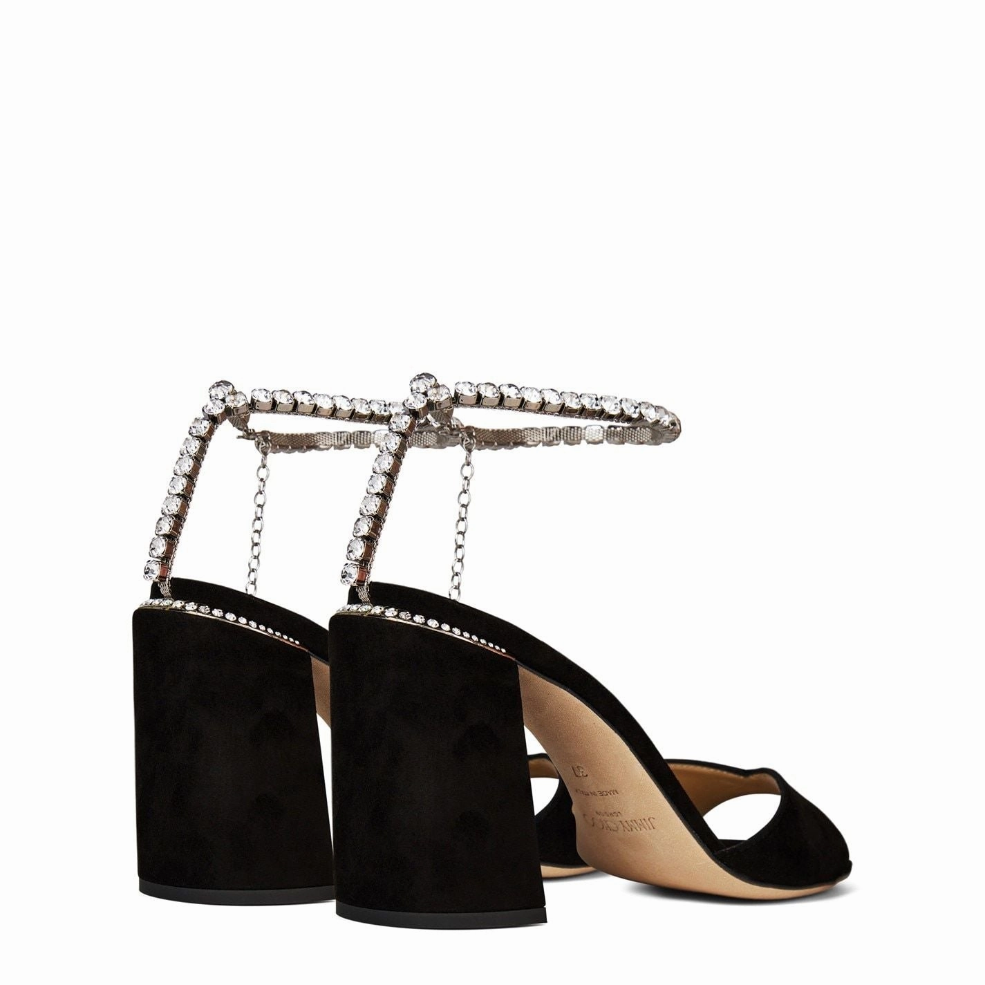 Jimmy Choo Saeda Sandal Block Heel Blck Crystal Ankle Wrap High Heel Sandals