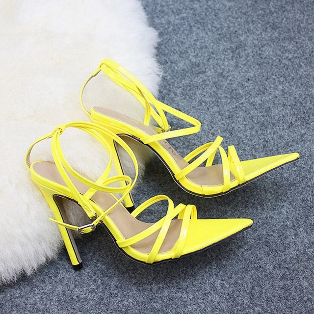 Super High 11.5CM Thin Heels Women Sandals Ankle Strap Pumps Shoes Woman Ladies Pointed Toe High Heels Dress Party Shoes Gold Small High Heels