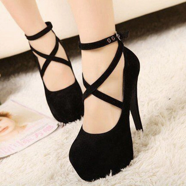 Shoes Woman Pumps Cross-tied Ankle Strap Wedding Party Shoes Platform Dress Women Shoes High Heels Suede Ladies Shoes Plus Size Shopping In High Heels