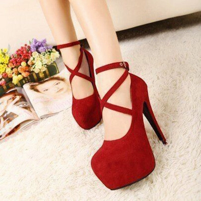 White High Heel Sandals Shoes Woman Pumps Cross-tied Ankle Strap Wedding Party Shoes Platform Dress Women Shoes High Heels Suede Ladies Shoes Plus Size