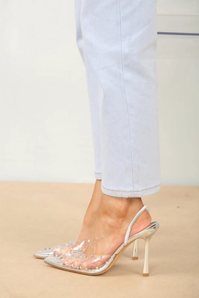 Silver Diamante Detailed Perspex Slingback Heel High Heel Knee High Gladiator Sandals