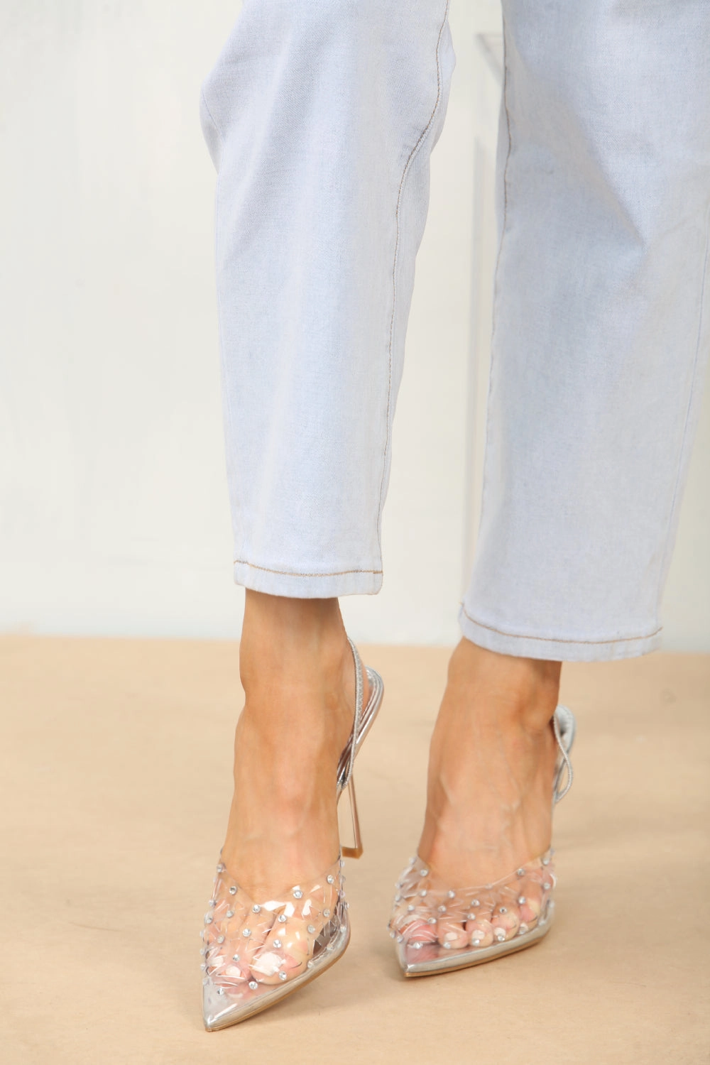 High Heel Straps Silver Diamante Detailed Perspex Slingback Heel