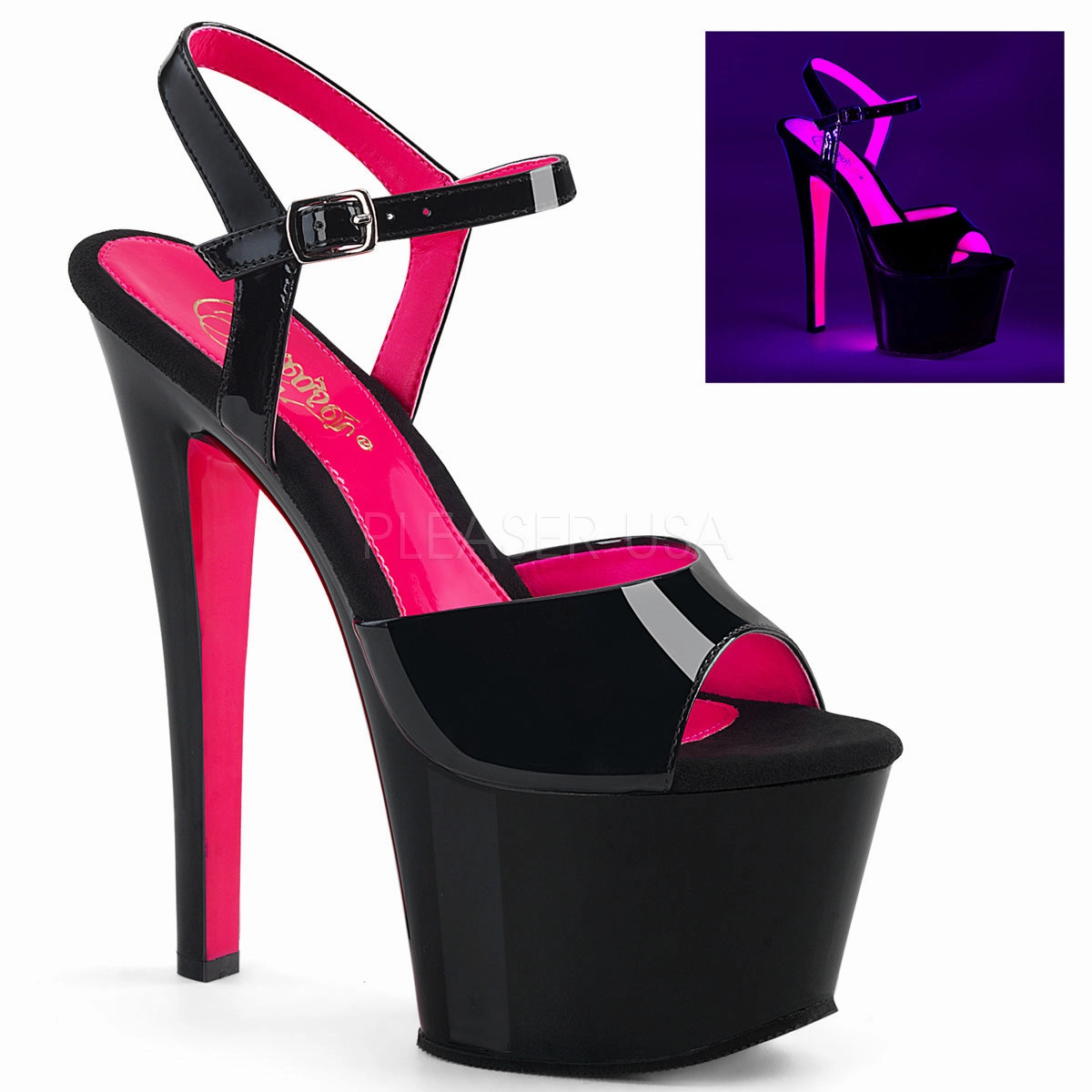 High Heels Slippers Sky-309TT Black Patent/Black Neon Hot Pink, 7" Heels