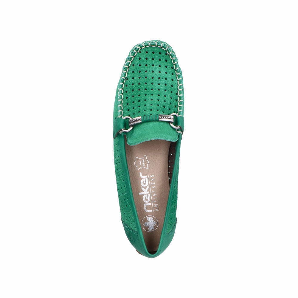 Best Lug Sole Loafers Rieker 40253-54 Ladies Green Leather Slip On Loafers