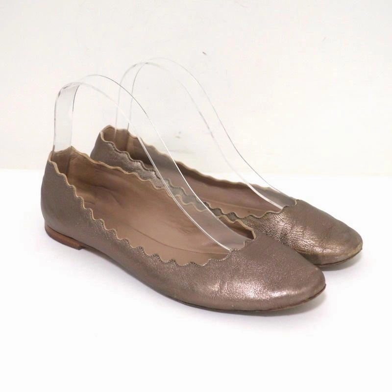 Chloe Lauren Ballet Flats Gold Metallic Scalloped Leather Size 37.5 Heel Grips For High Heels
