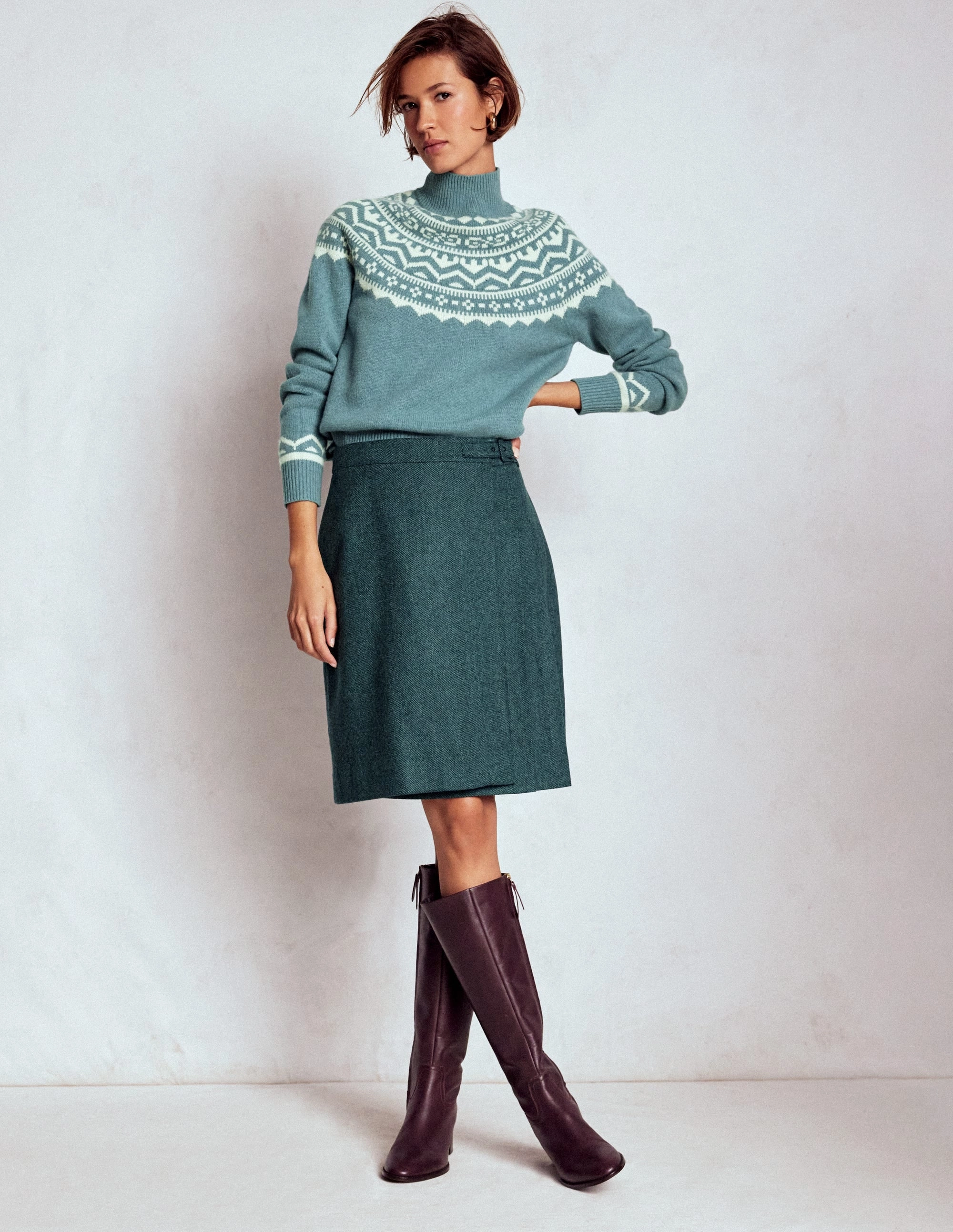 Over The Knee High Boots Helen Wool Kilt Skirt-Green and Navy Herringbone