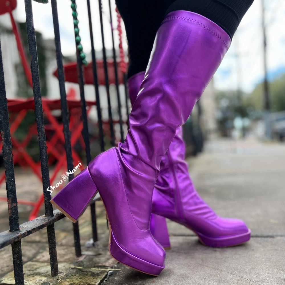 Knee High Tie Boots PRESLEY-01/2025 Purple Metallic Faux Leather Platform Gogo Boots