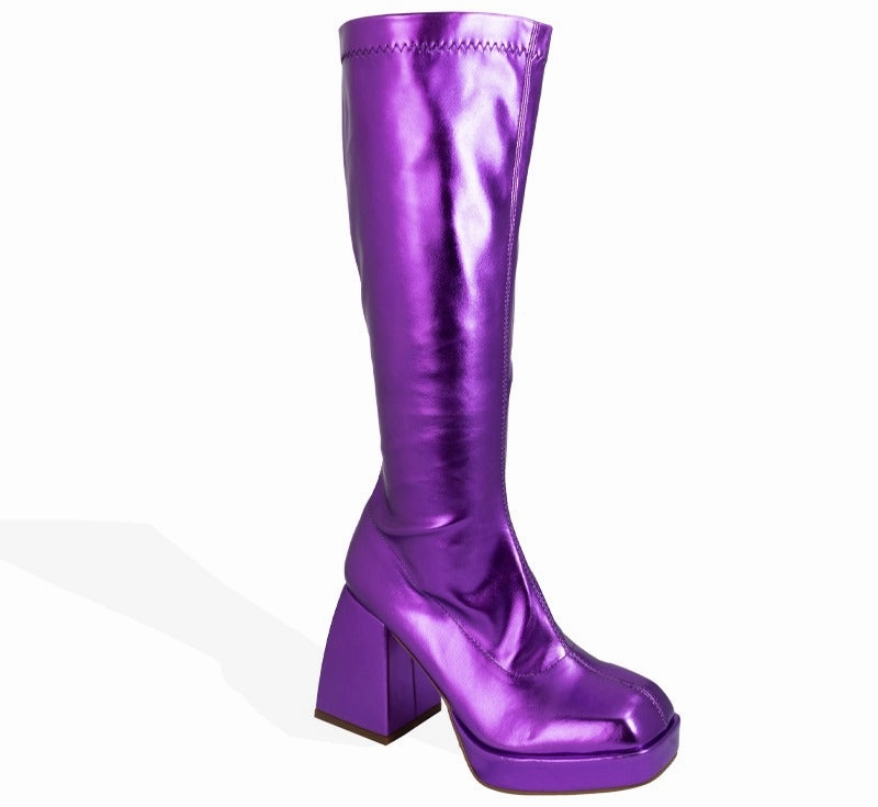 PRESLEY-01/2025 Purple Metallic Faux Leather Platform Gogo Boots Knee High Fleece Lined Boots