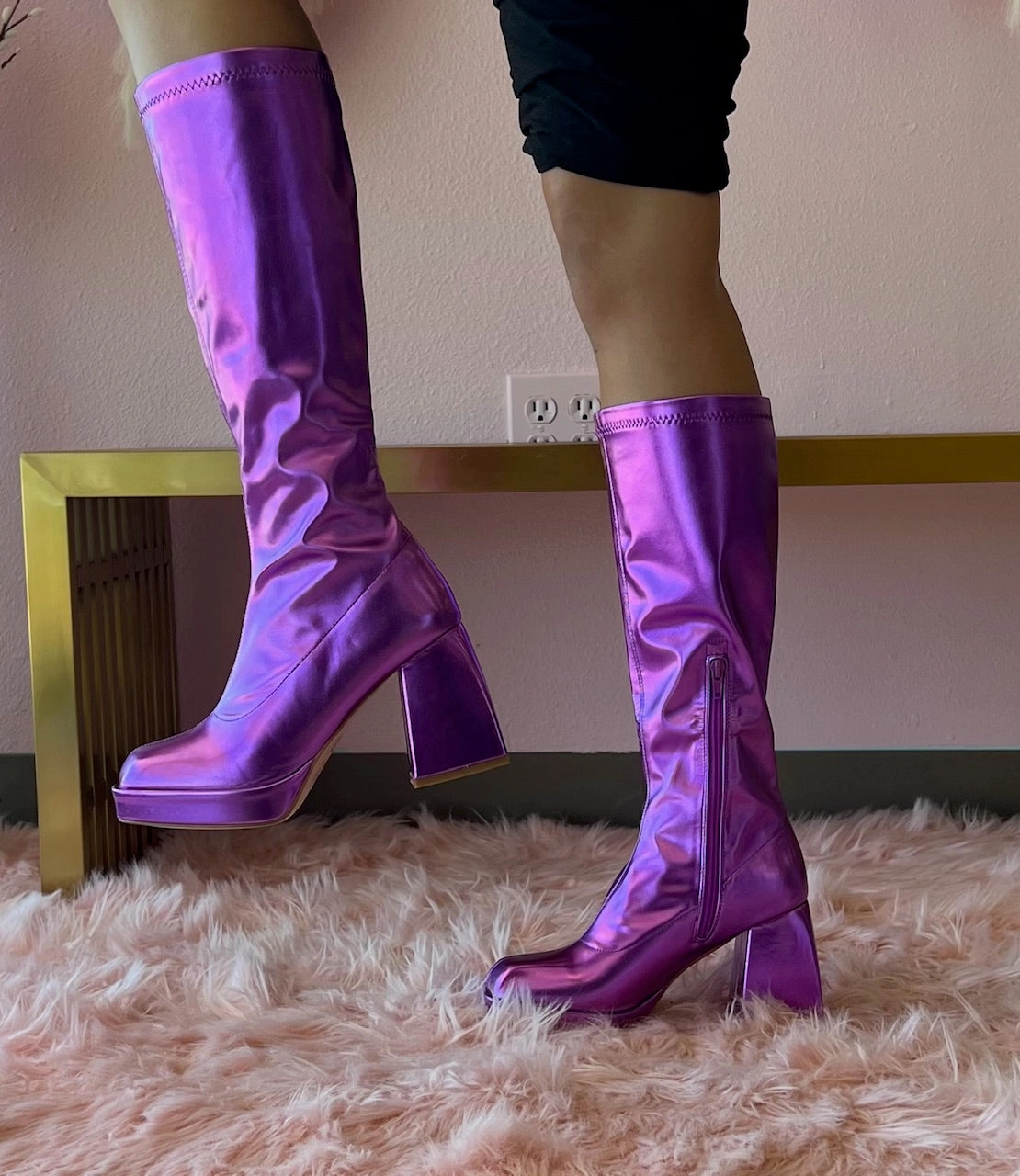 PRESLEY-01/2025 Purple Metallic Faux Leather Platform Gogo Boots Suede Heeled Knee High Boots