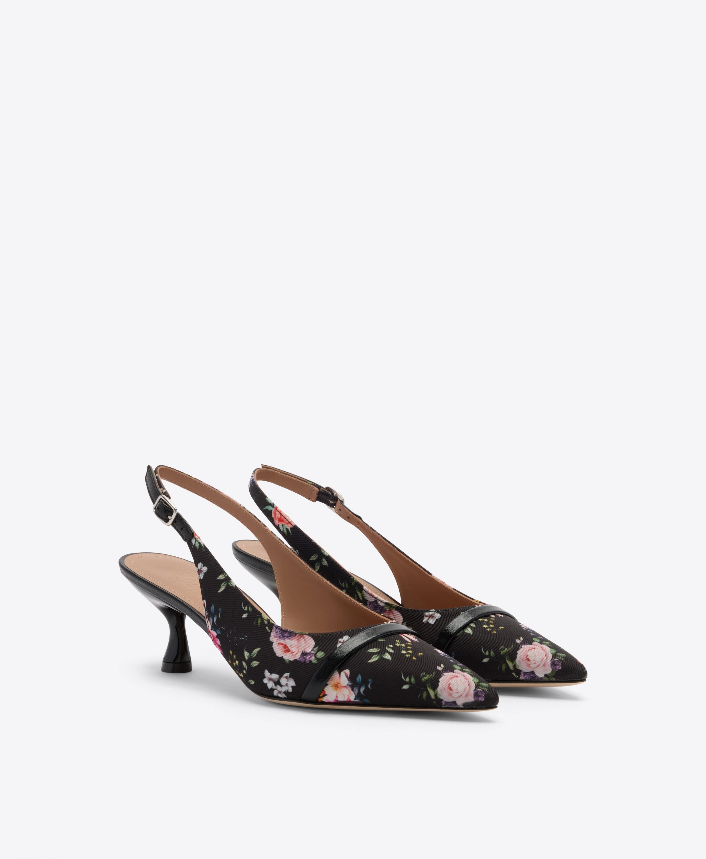 Jama 45 Black Floral Grosgrain Kitten Slingbacks High Heel Caps