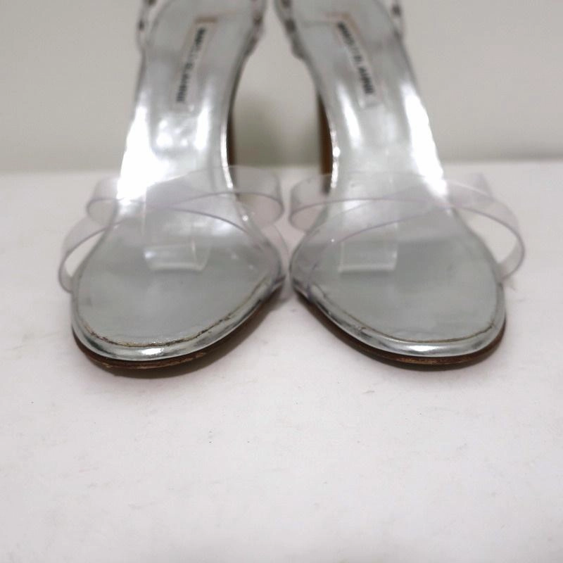 Smelly High Heels Manolo Blahnik PVC Crisscross Sandals Silver Leather Size 41 Ankle Strap Heel