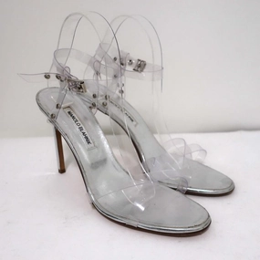 Manolo Blahnik PVC Crisscross Sandals Silver Leather Size 41 Ankle Strap Heel High Heels Sayings