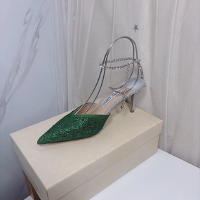 Older Woman In High Heels Jimmy Choo Green Glitter Slingback Heels  8cm Pointed Toe Size 3442