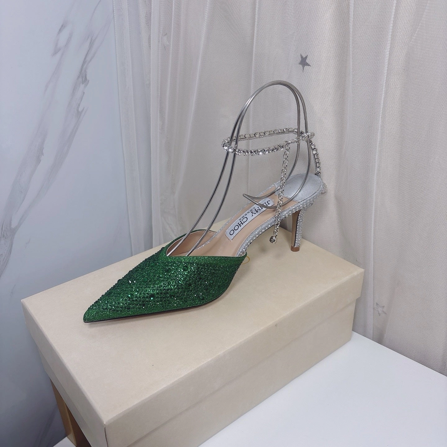 High Heel Soles Jimmy Choo Green Glitter Slingback Heels  8cm Pointed Toe Size 3442