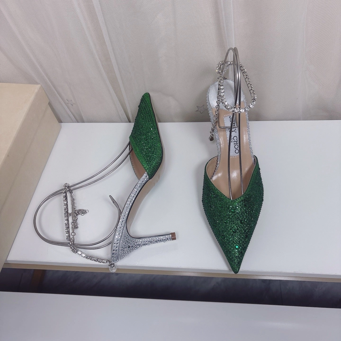 Unisex High Heels Jimmy Choo Green Glitter Slingback Heels  8cm Pointed Toe Size 3442