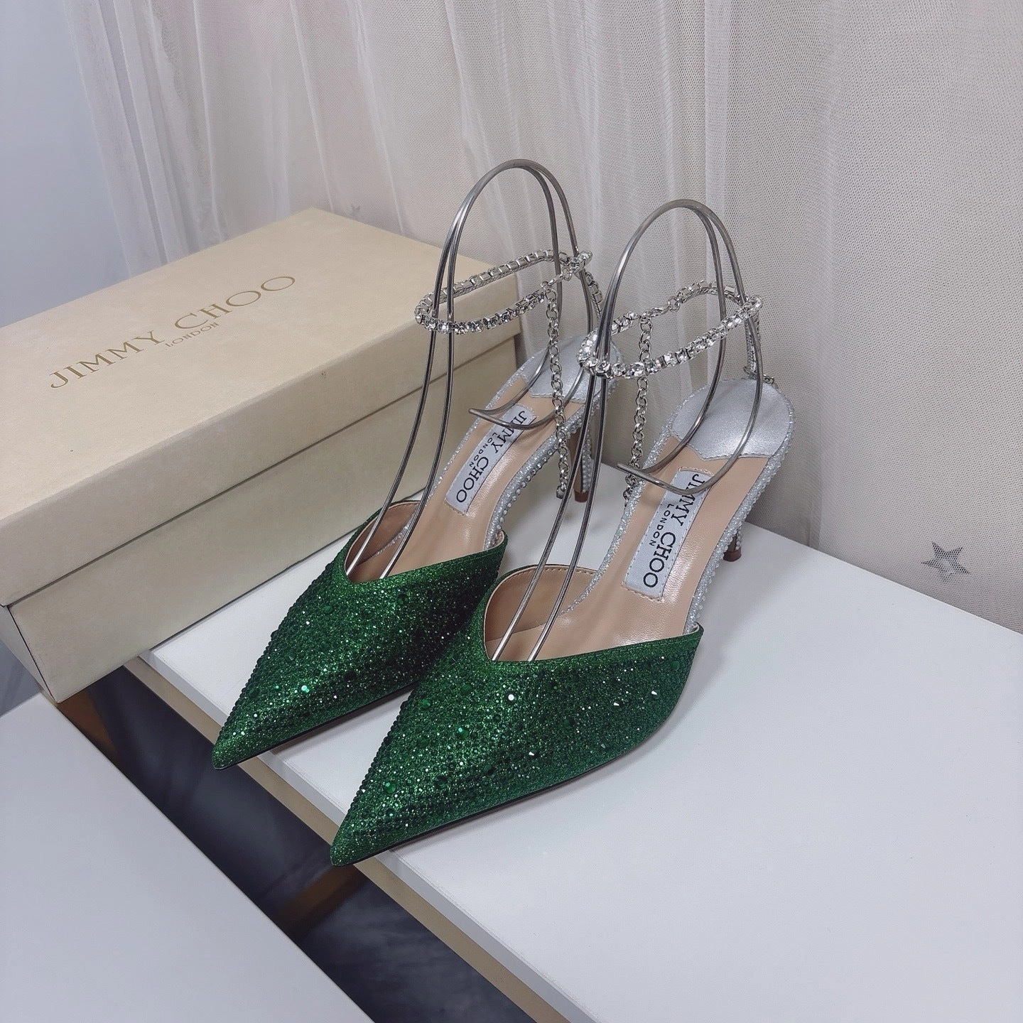 Jimmy Choo Green Glitter Slingback Heels  8cm Pointed Toe Size 3442 Advantages Of Wearing High Heels