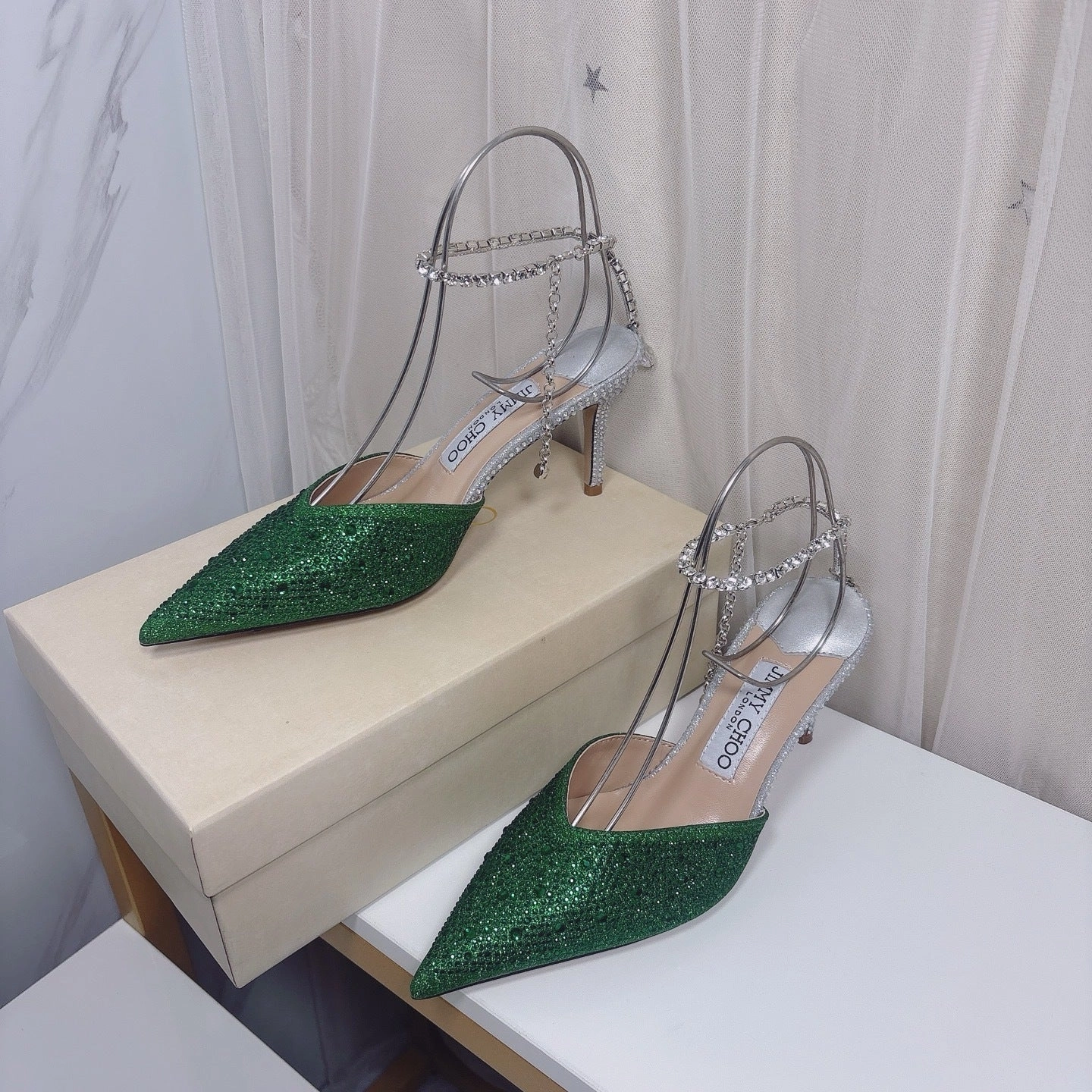 Jimmy Choo Green Glitter Slingback Heels  8cm Pointed Toe Size 3442 Glitter High Heel Shoes