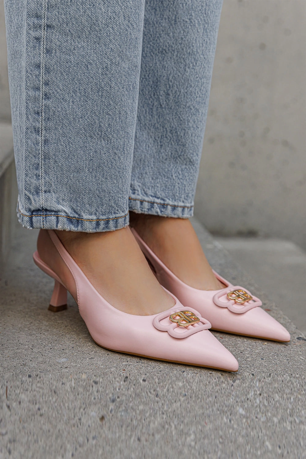 PINK SLING BACK POINTED METAL DETAILED LOW HEEL MULES High Heel Shoe Silhouette