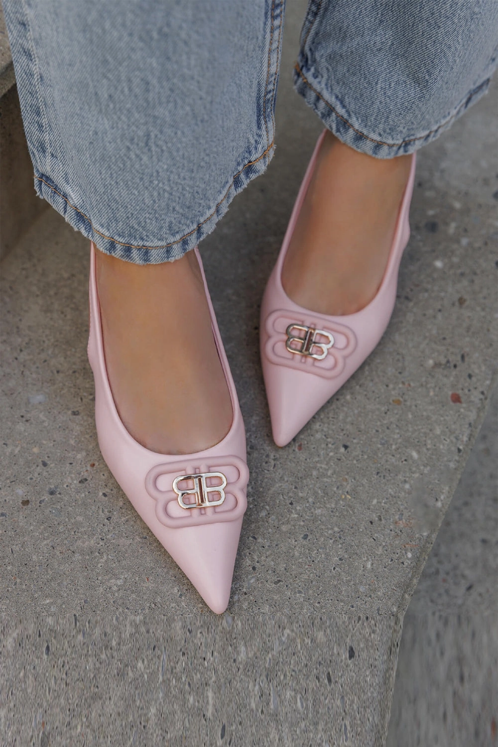 Shoes Platform High Heels PINK SLING BACK POINTED METAL DETAILED LOW HEEL MULES