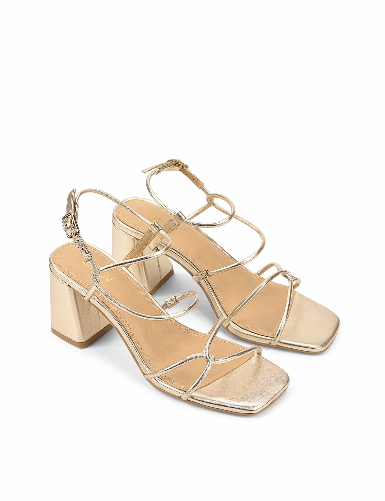 Strike Strappy Block Heels - Gold Metallic Leather High Heel Sandals Ankle Strap