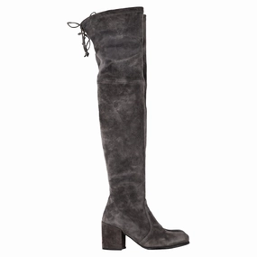 Stuart Weitzman Genna Over The Knee Boots in Grey Suede Open Toe High Heel Boots