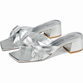 Wedge High Heels Stuart Weitzman Womens Sofia 45 Slide High Heels Size 6 Silver Leather Bow NIB