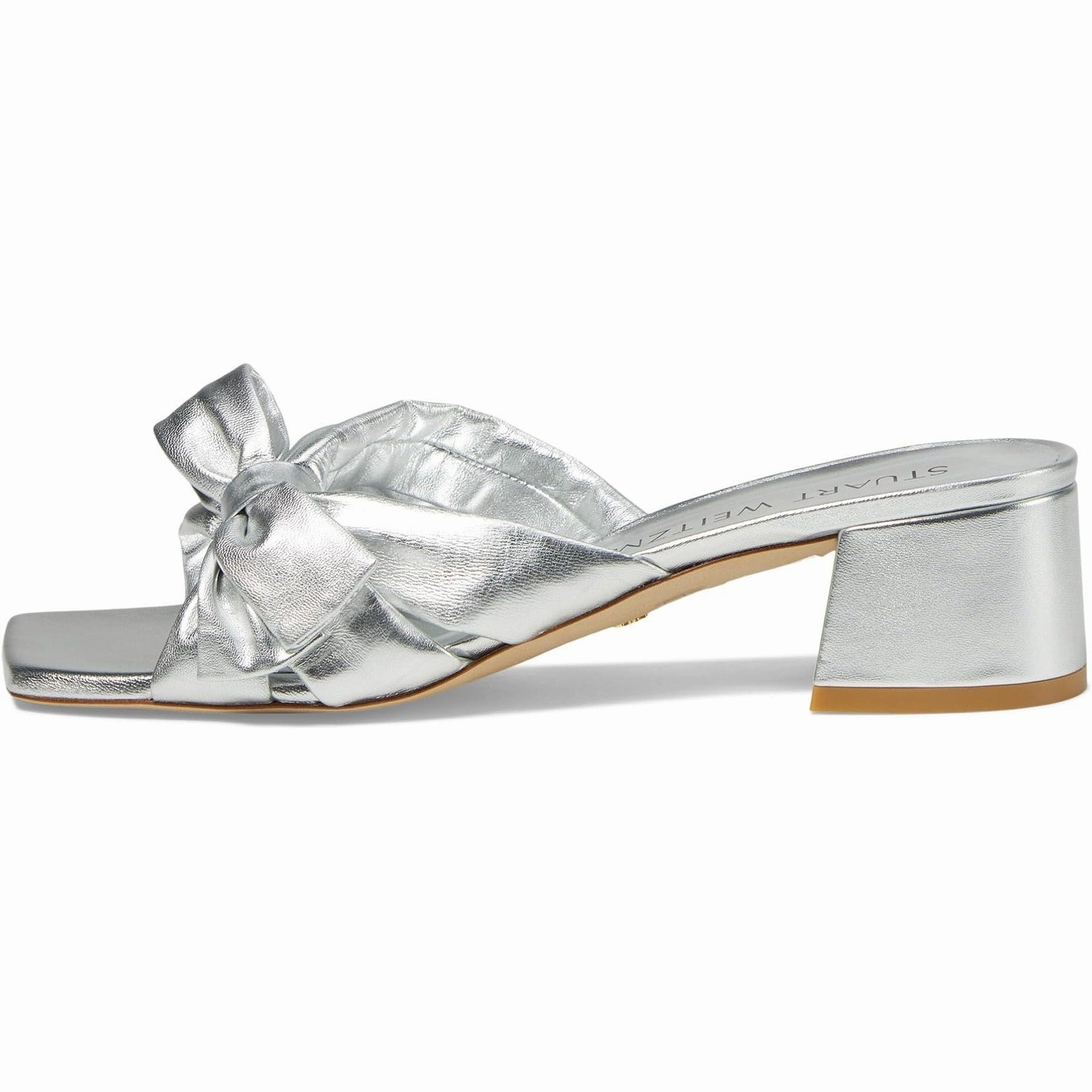High Heels 12 Inch Stuart Weitzman Womens Sofia 45 Slide High Heels Size 6 Silver Leather Bow NIB