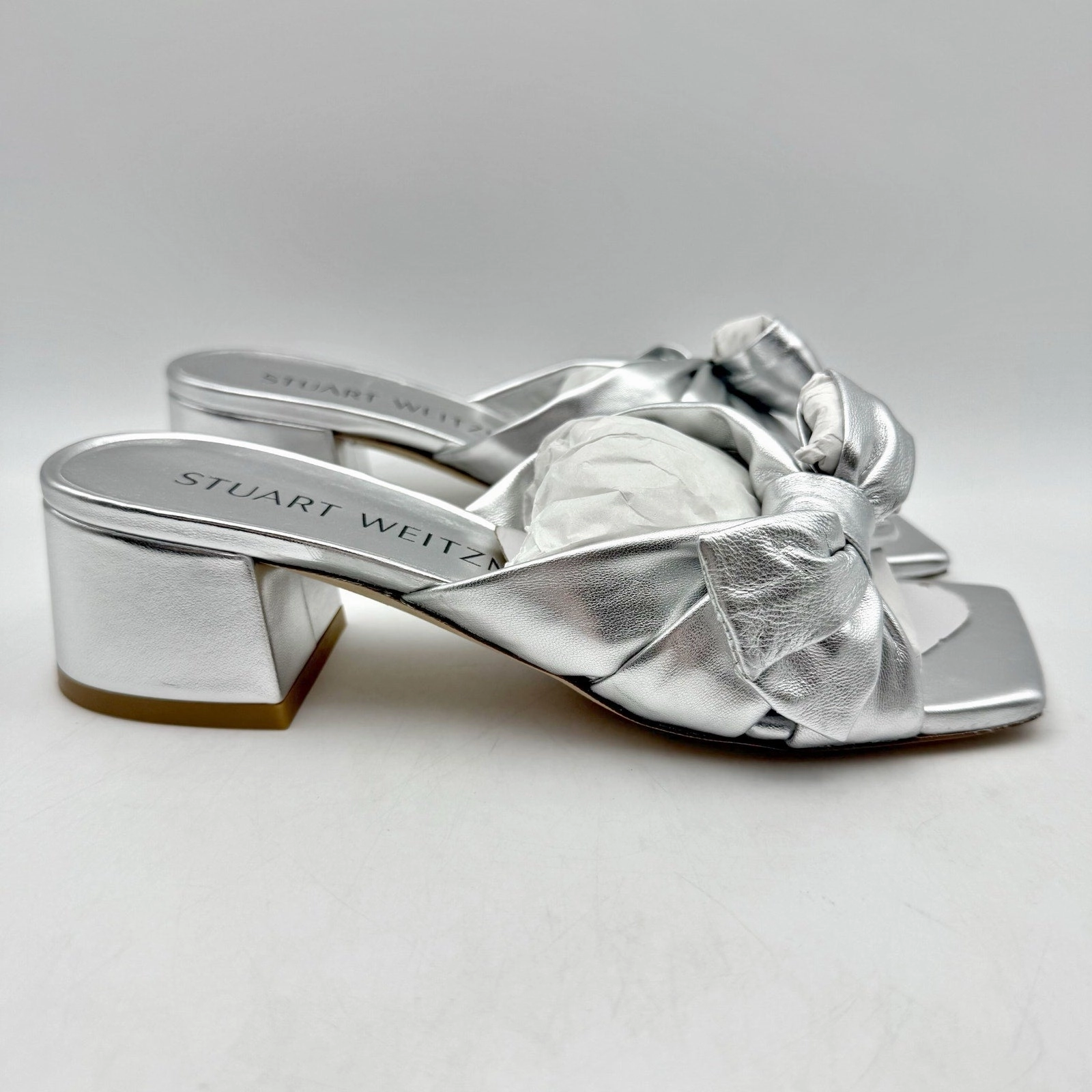 Forever High Heels Stuart Weitzman Womens Sofia 45 Slide High Heels Size 6 Silver Leather Bow NIB