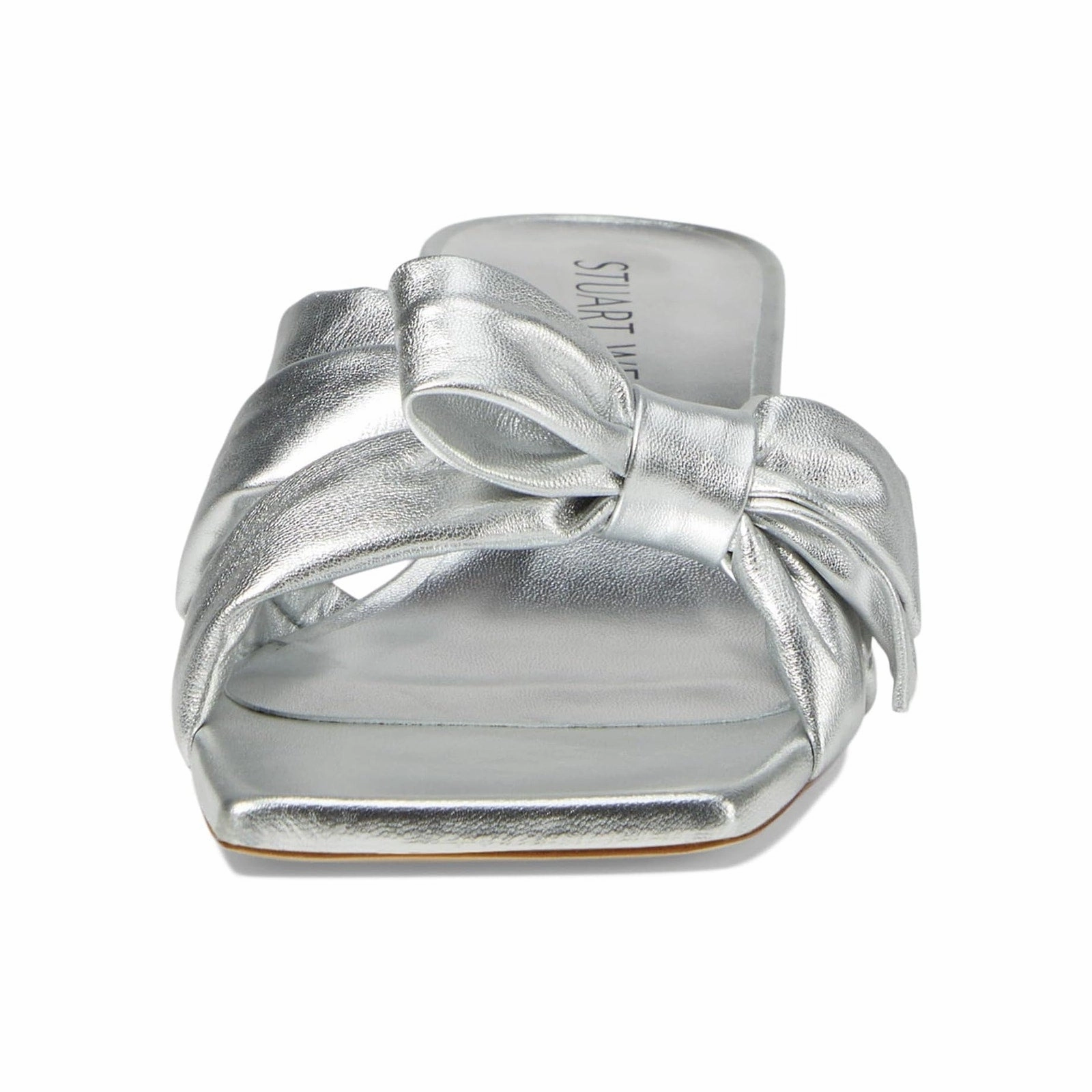 Stuart Weitzman Womens Sofia 45 Slide High Heels Size 6 Silver Leather Bow NIB Slip On High Heels