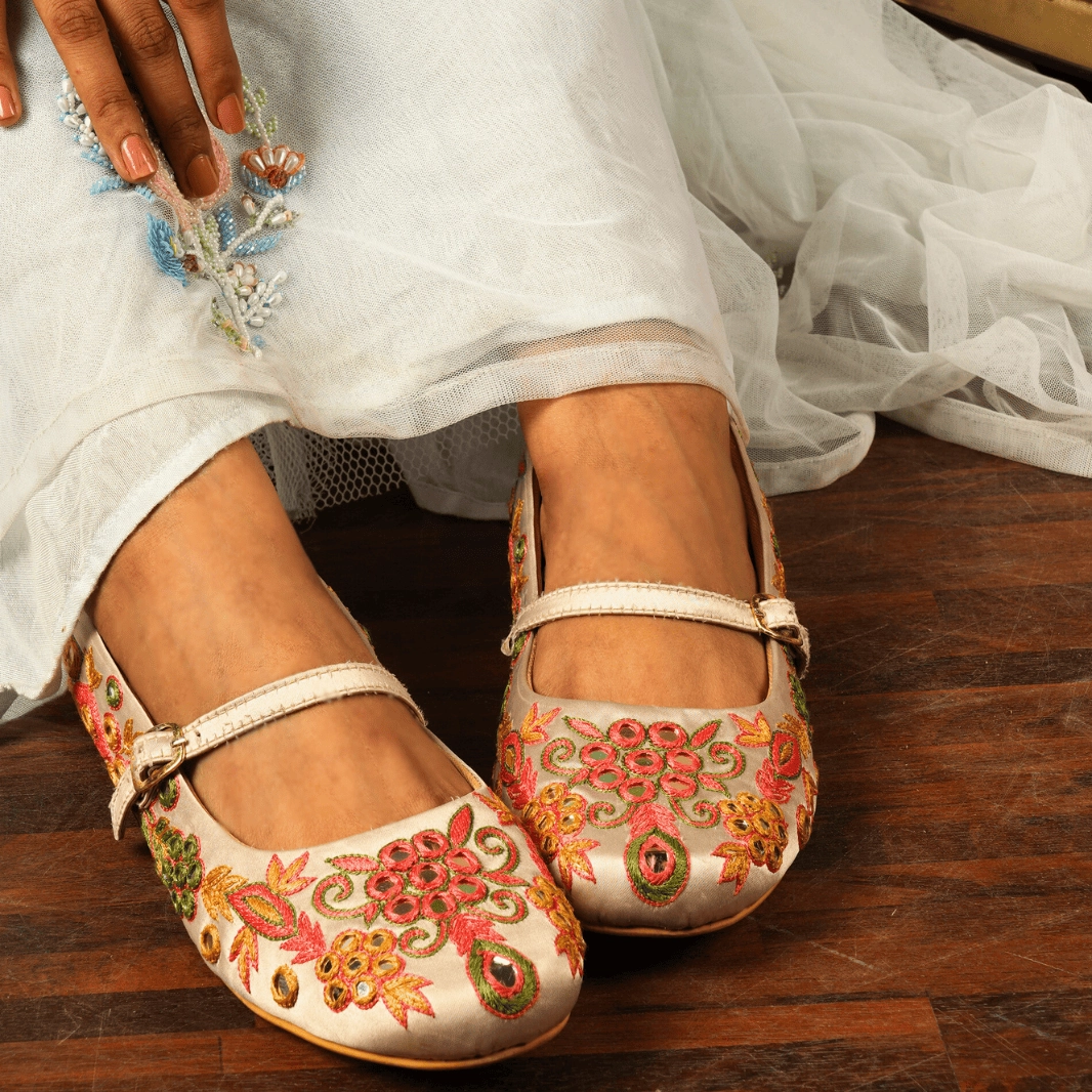 Punk Flats Shoes Beige Embroidered Festive Ballerinas  Sequin & Bead Detailing | Fully Customisable Flats