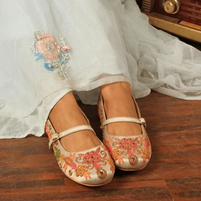 Super Flat Shoes Beige Embroidered Festive Ballerinas  Sequin & Bead Detailing | Fully Customisable Flats