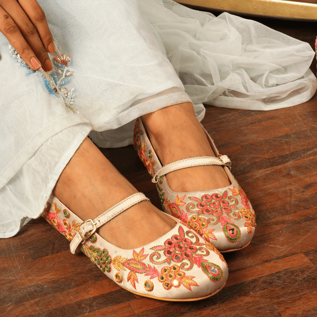 Beige Embroidered Festive Ballerinas  Sequin & Bead Detailing | Fully Customisable Flats Silver Flat Prom Shoes