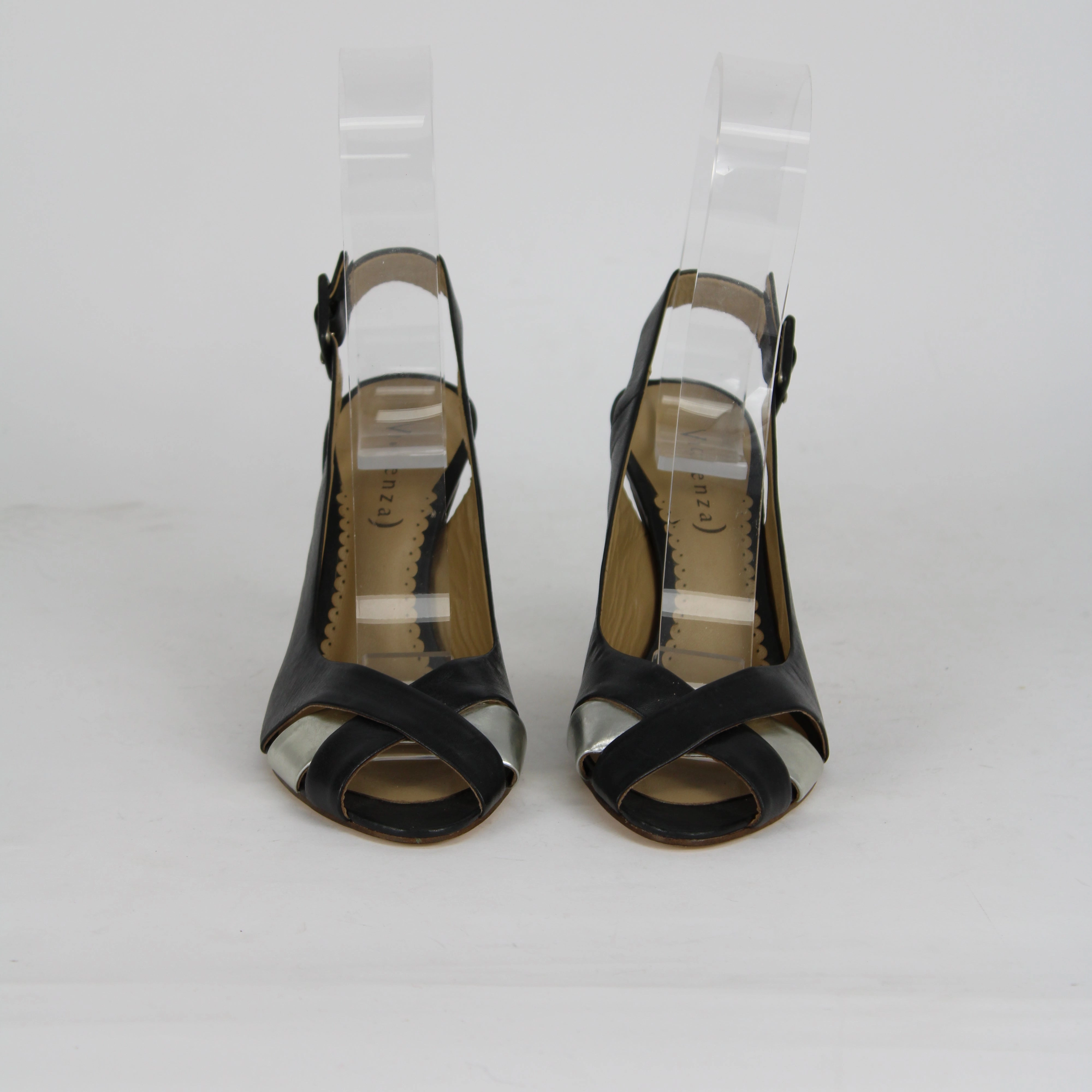 Vicenza Black Leather Slingback Heels Platform Mid Calf Wedges Chunky