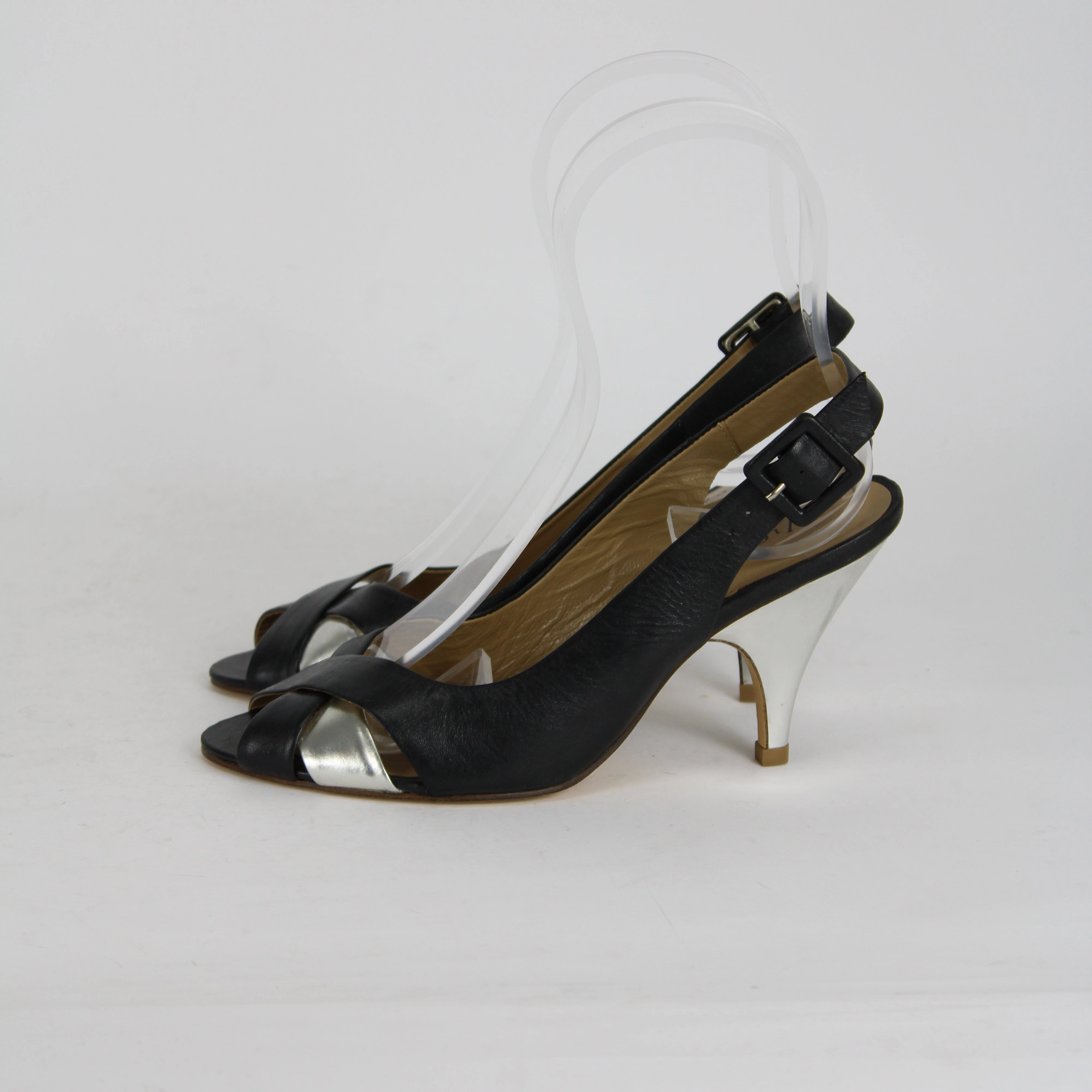 Blinged Out High Heels Vicenza Black Leather Slingback Heels