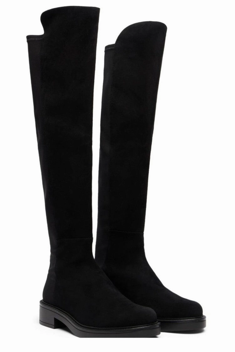 Suede Over-The-Knee Boots With Rounded Toe And Low Block Heel Lug Sole Knee High Boots