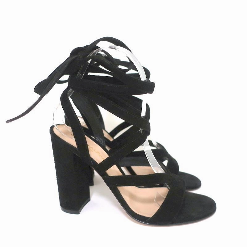 Gianvito Rossi Janis 105 Lace-Up Sandals Black Suede Size 37 Open Toe Heels Hot Heel Shoes