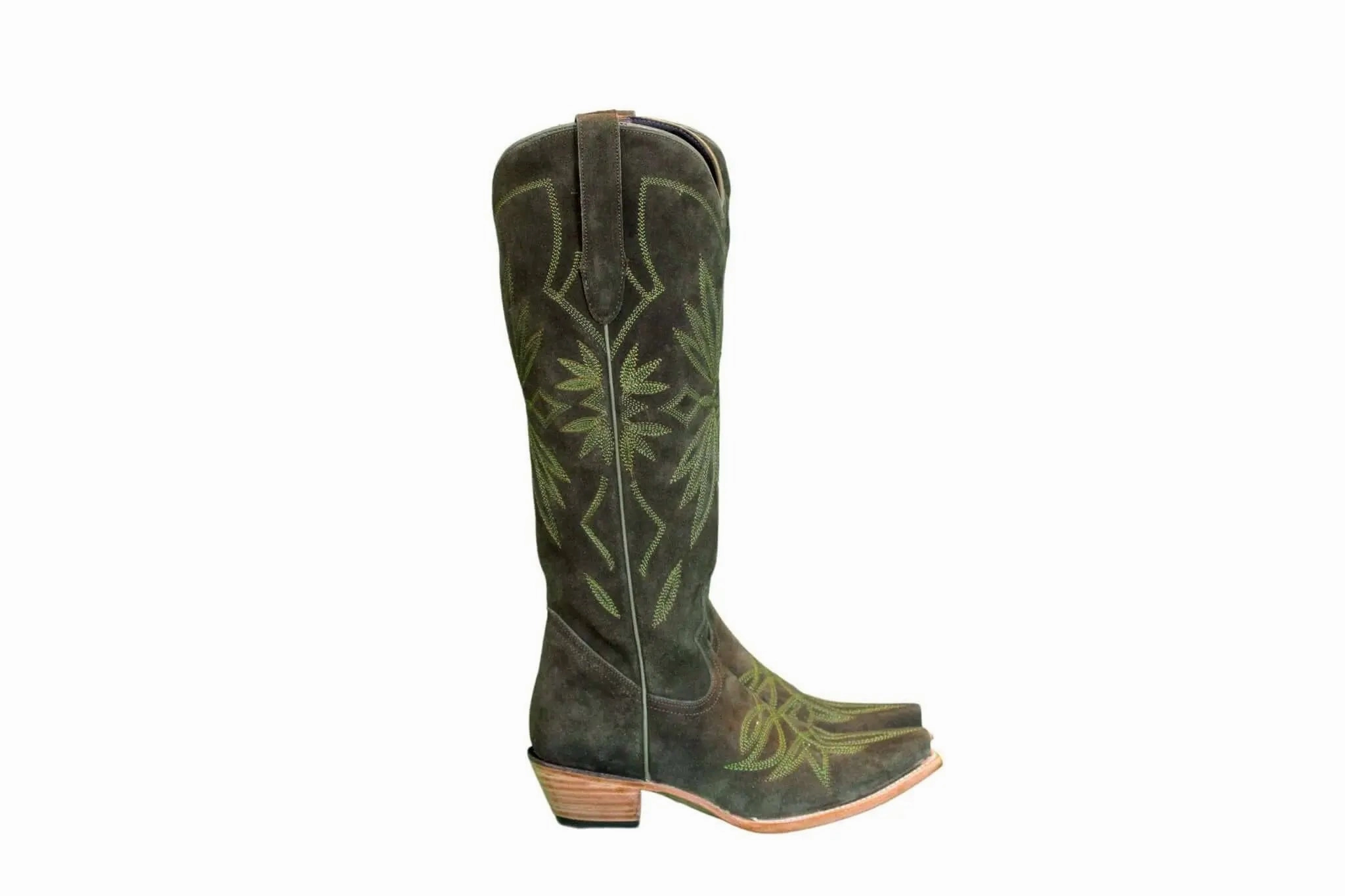 The Lorraine Knee-High Western Boots  Olive Suede Knee High Leather Wedge Heel Boots