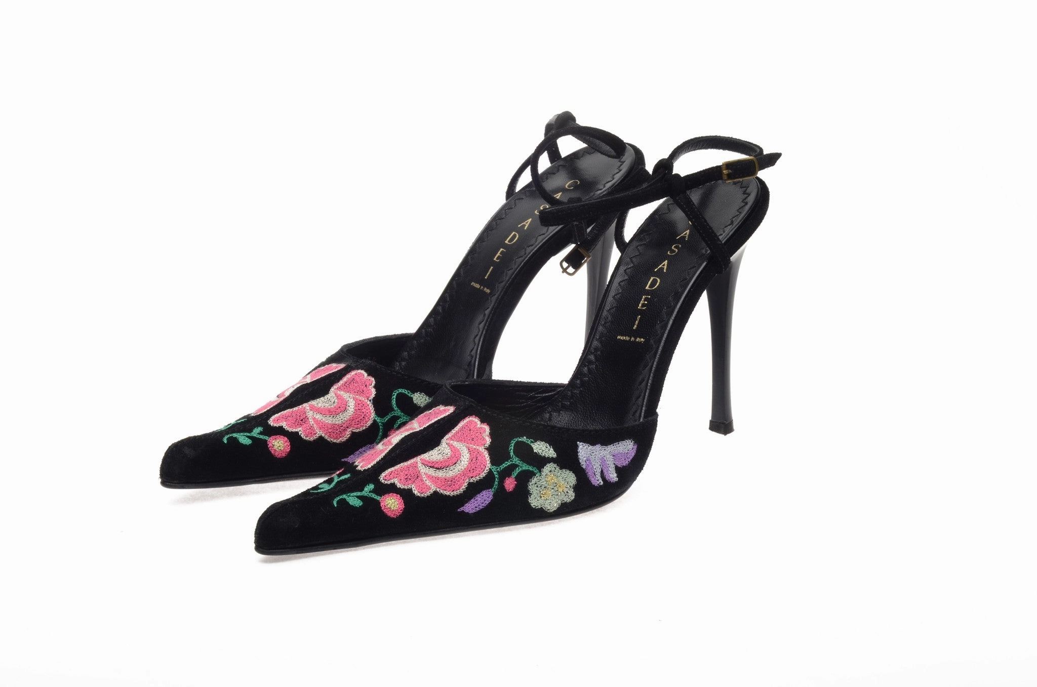 Casadei - Black Suede with Flowers - US 8 1/2 Cap Toe High Heels