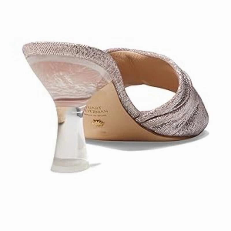 Stuart Weitzman Ruche 75 Slide Sandal Womens 9 Poudre Leather Spool Heels FZP292 (Poudre,9) Navy Suede Heels