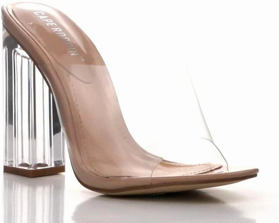 Cape Robbin Women's Fusion Transparent Chunky Block High Heel Sandal Square Toe Knee High Boots Low Heel