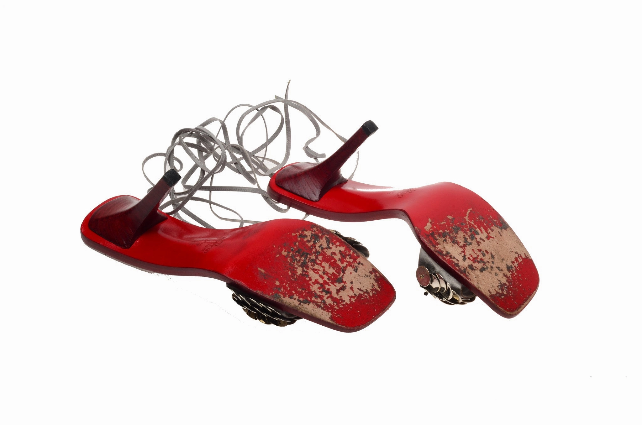 Valentino - Red and Gray Heels with Sequin and Wrap Around Ankle Straps - IT 38 1/2 High Heels With Studs