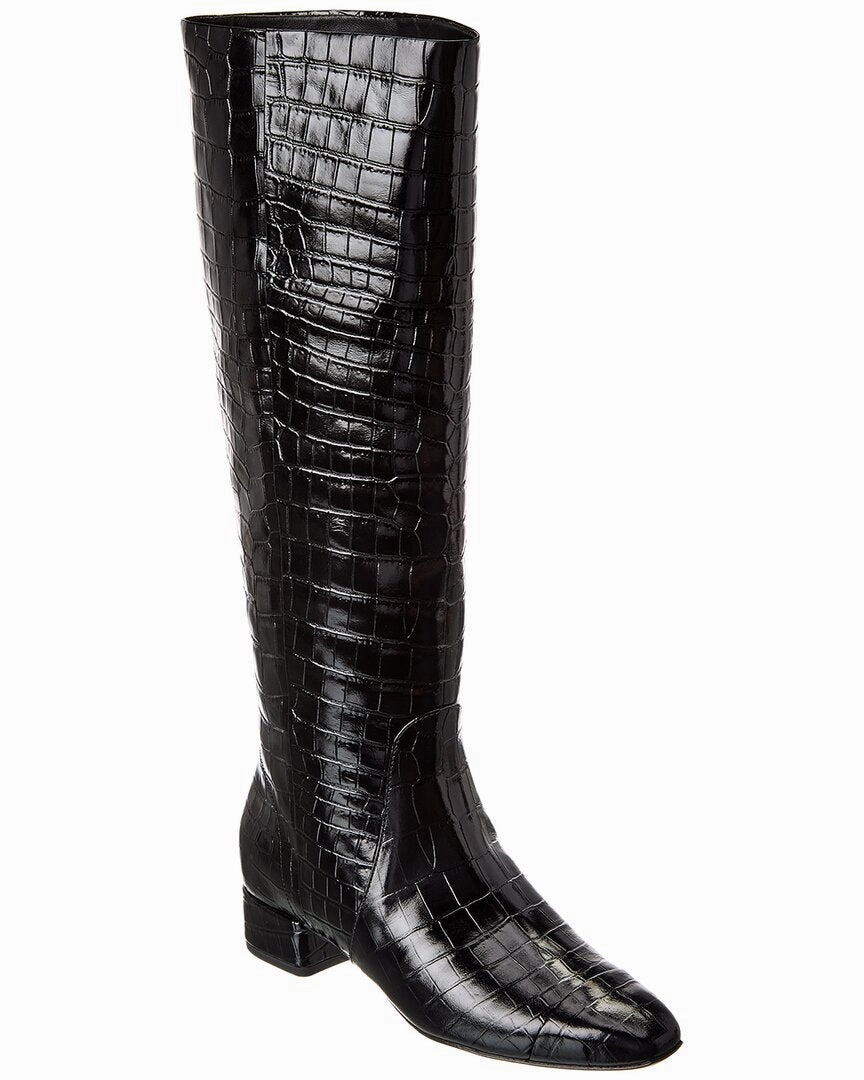 Green High Knee Boots Veronica Beard Cecile Croc-Embossed Leather Knee-High Boot