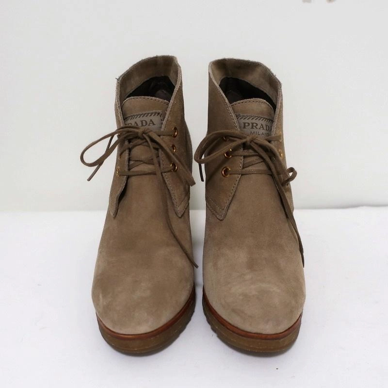 Prada Sport Desert Boots Beige Suede Size 38 High Heel Lace-Up Ankle Boots High Heel Cookie Cutter