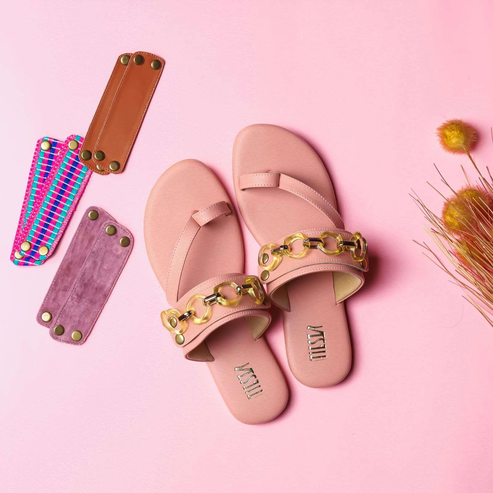 Kolas - Pastel Pink with Changeable Straps Flat Shoes With Ribbon