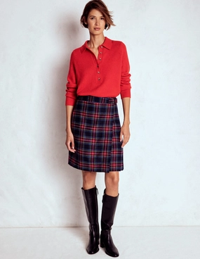 Knee-high Stiletto Boots Helen Wool Kilt Skirt-Navy, Green and Red Check