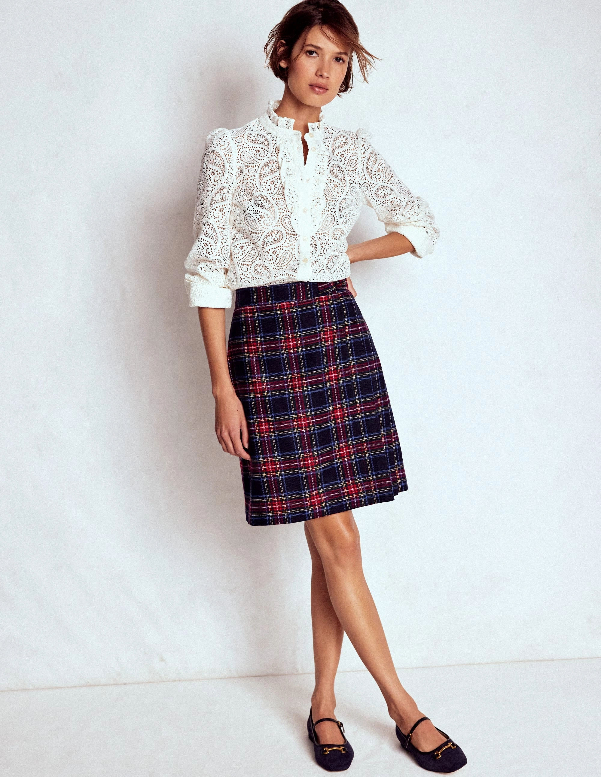 Helen Wool Kilt Skirt-Navy, Green and Red Check Knee High Riding Boot