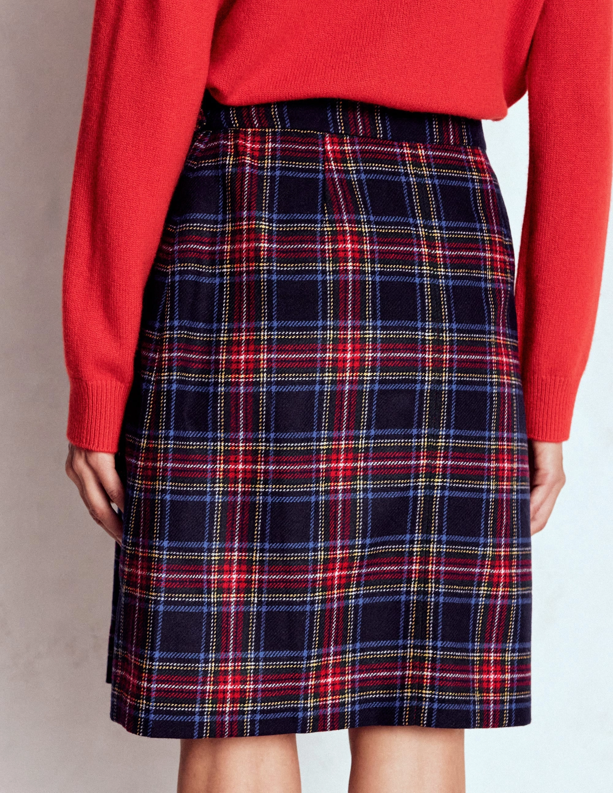 Flat Knee High Brown Boots Helen Wool Kilt Skirt-Navy, Green and Red Check