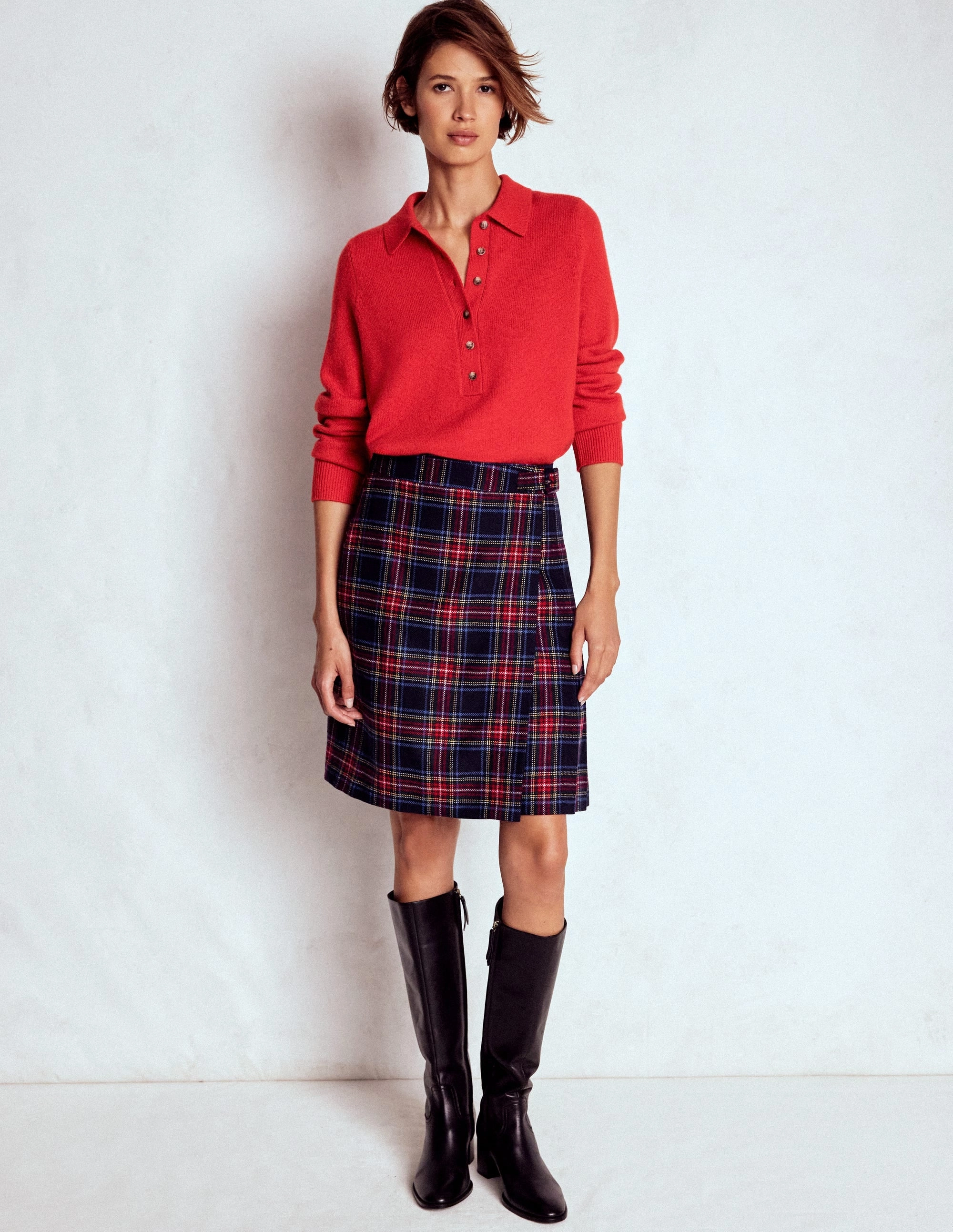 Helen Wool Kilt Skirt-Navy, Green and Red Check Sheer Knee High Boots
