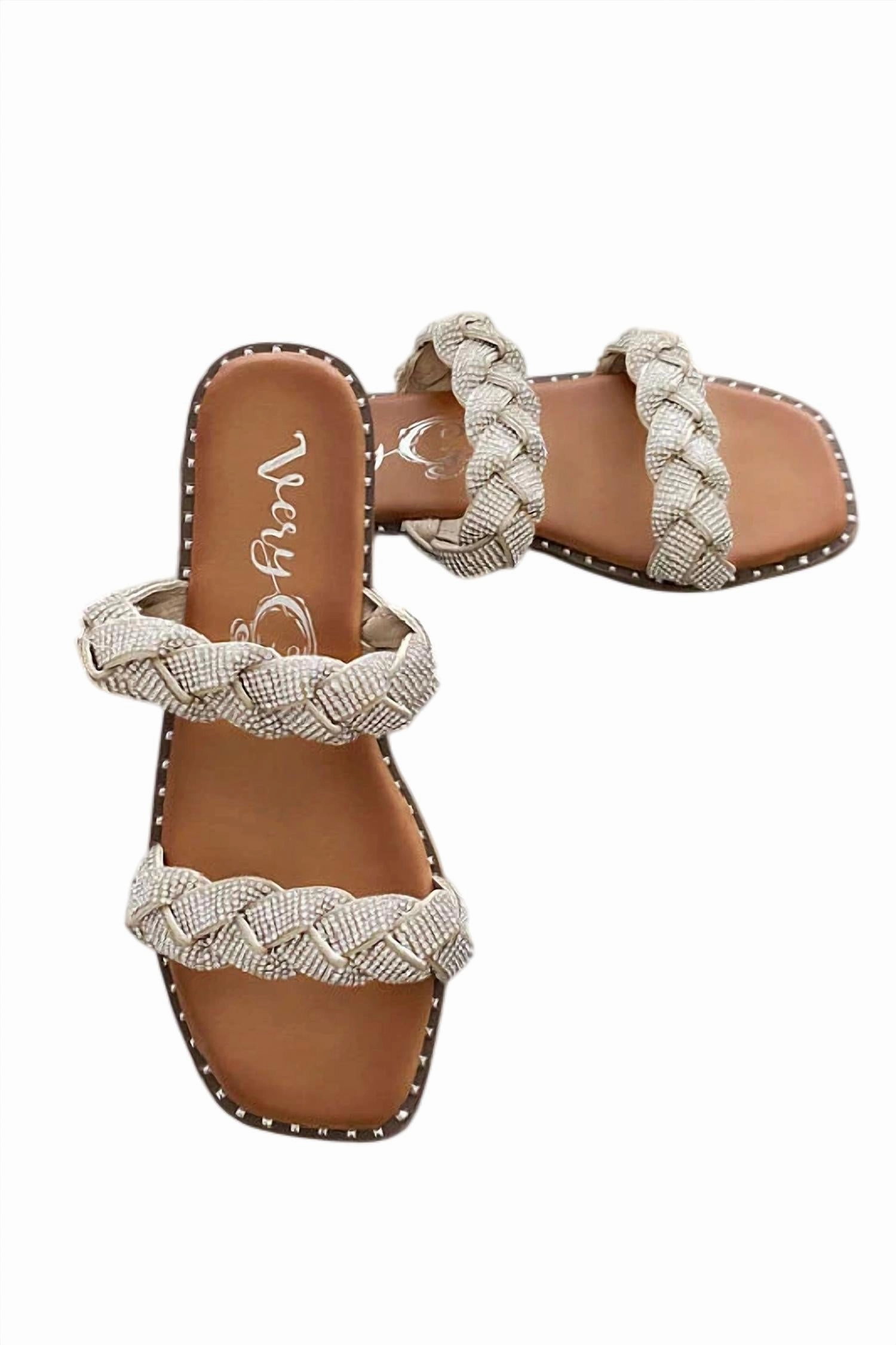 Women's Twisty Rhinestone Braided Sandals In Silver Flat Shoes With Maxi Dress